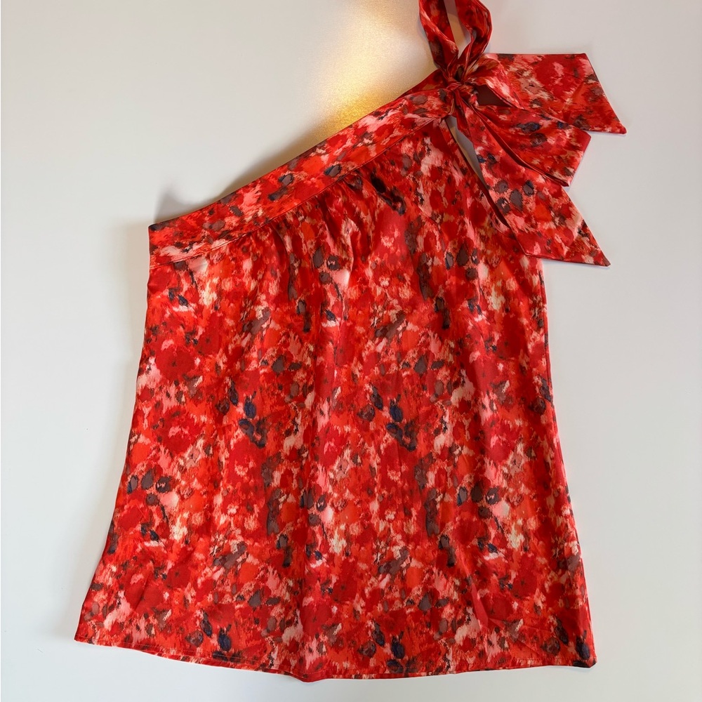 Vibrant Red, Brown, & White Asymmetrical Blouse, Ties into a Bow at one Shoulder - Picture 4 of 6